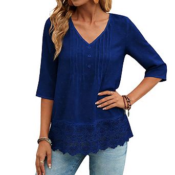 Women's 3/4 Sleeve Blouse V Neck Button Textured Dot Lace Trim Relaxed Fit Lightweight Casual Tops