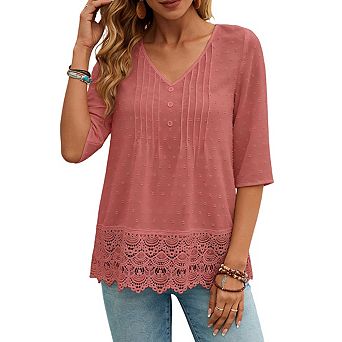 Women's 3/4 Sleeve Blouse V Neck Button Textured Dot Lace Trim Relaxed Fit Lightweight Casual Tops