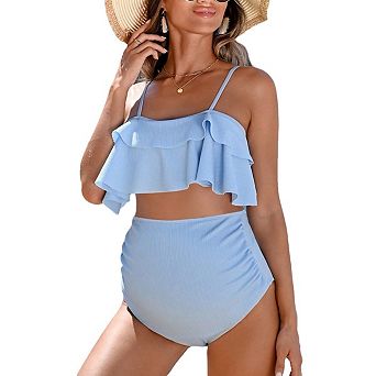Women Maternity Bathing Ruffled 2 pc Bikini Set Suit Tiered Swimsuits Solid Color Beach Swimsuit