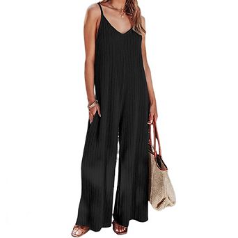 Women V Neck Spaghetti Strap Wide Leg Dressy Jumpsuits Casual One Piece Romper Outfits Pockets
