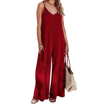 Women V Neck Spaghetti Strap Wide Leg Dressy Jumpsuits Casual One Piece Romper Outfits Pockets