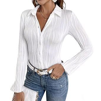 Women Pleated Long-Sleeve Button-Down Shirt Slim-Fit Collared Blouse
