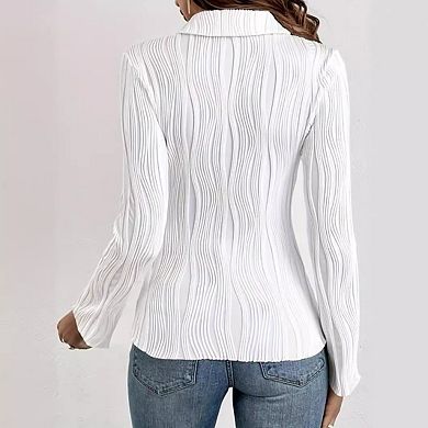 Women Pleated Long-Sleeve Button-Down Shirt Slim-Fit Collared Blouse