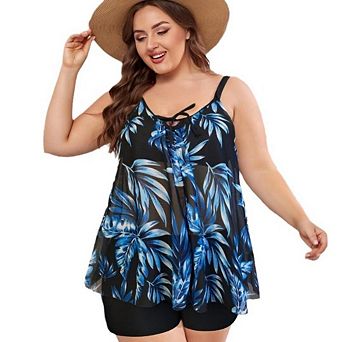 Women's Plus Size Tankini Set Tropical Print Tops And Shorts Quick Dry Bathing Suit 2 pc Swimsuit