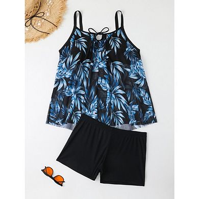Women's Plus Size Tankini Set Tropical Print Tops And Shorts Quick Dry Bathing Suit 2 Piece Swimsuit