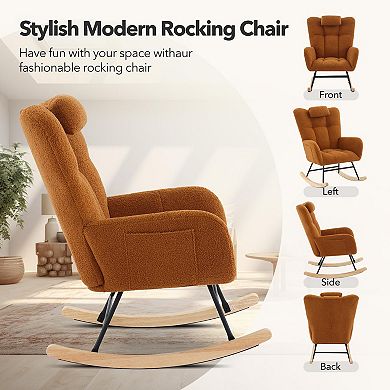 Rocking Chair, Teddy Upholstered Glider Chair with 4 Side Pockets & High Backrest