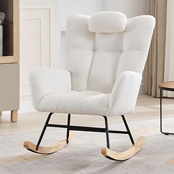 Rocking Chair, Teddy Upholstered Glider Chair with 4 Side Pockets & High Backrest