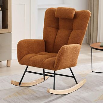 Rocking Chair, Teddy Upholstered Glider Chair with 4 Side Pockets & High Backrest