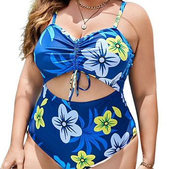 Women Plus Size Cutout One Piece Swimsuits High Waisted Suspenders Front Tie Knot Bathing Suit