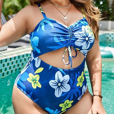 Women Plus Size Cutout One Piece Swimsuits High Waisted Suspenders Front Tie Knot Bathing Suit