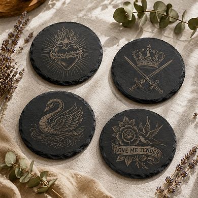 4 Inch Natural Slate Drink Coasters Set With Holder Non Slip DIY Decor For Home Office Bar