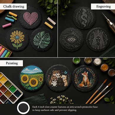 4 Inch Natural Slate Drink Coasters Set With Holder Non Slip DIY Decor For Home Office Bar