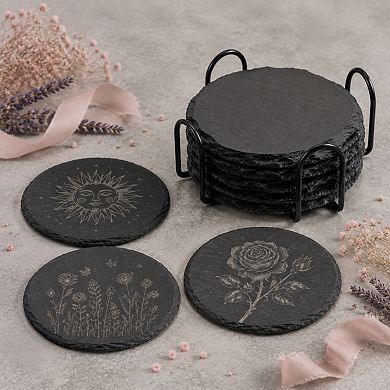 4 Inch Natural Slate Drink Coasters Set With Holder Non Slip DIY Decor For Home Office Bar