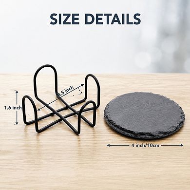 4 Inch Natural Slate Drink Coasters Set With Holder Non Slip DIY Decor For Home Office Bar