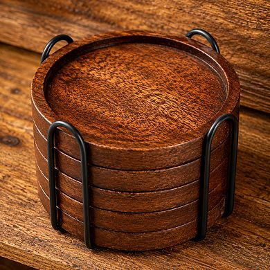 Mango Wood Drink Coasters Set With Iron Holder 5 Pack Tabletop Protection