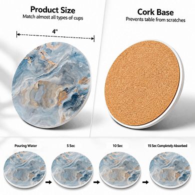 6 Pack Abstract Blue Marble Absorbent Ceramic Coasters With Holder For Drinks Table Protection