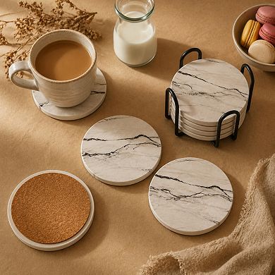 6 Pack Absorbent Ceramic Drink Coasters W/ Holder Stone Look Table Protection Home Decor