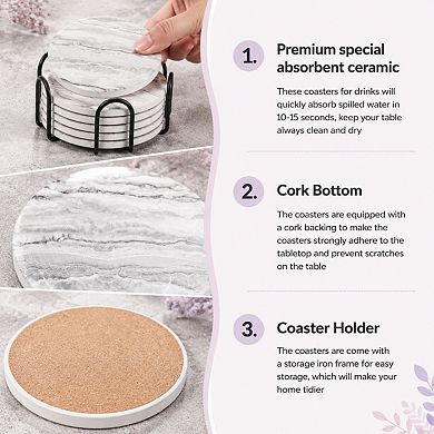 6 Pack Absorbent Marble Ceramic Drink Coasters With Holder For Home Decor