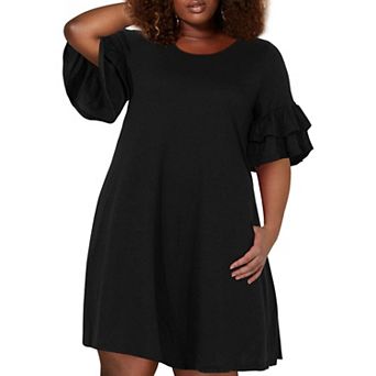 Womens Ruffle Sleeve Jersey Knit Plus Size Casual Swing Dress With Pocket