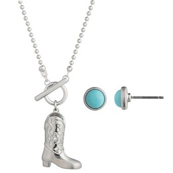 Yellowstone Silver-Tone Boot Pendant Necklace & Stud Earring Set