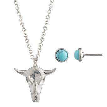 Yellowstone Silver-Tone Ram Skull Pendant Necklace & Stud Earring Set