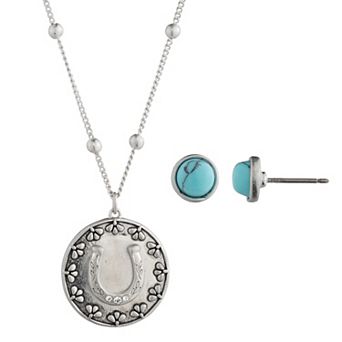Yellowstone Silver-Tone Horseshoe Pendant Necklace & Stud Earring Set