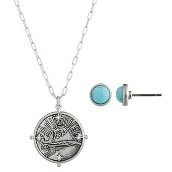 Yellowstone Silver-Tone Landscape Pendant Necklace & Stud Earring Set