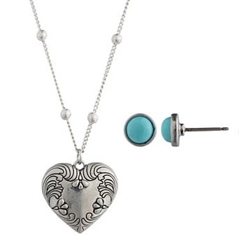 Yellowstone Silver-Tone Heart Pendant Necklace & Stud Earring Set