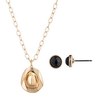 Yellowstone Gold-Tone Cowboy Hat Pendant Necklace & Stud Earring Set