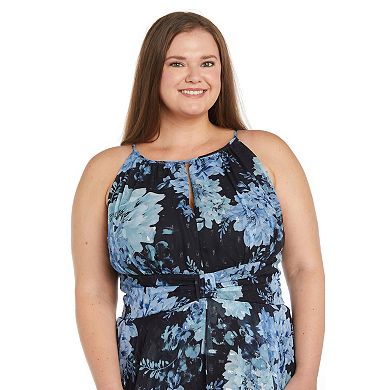 Plus Size R&M Richards Long Halter Floral Printed Chiffon Dress
