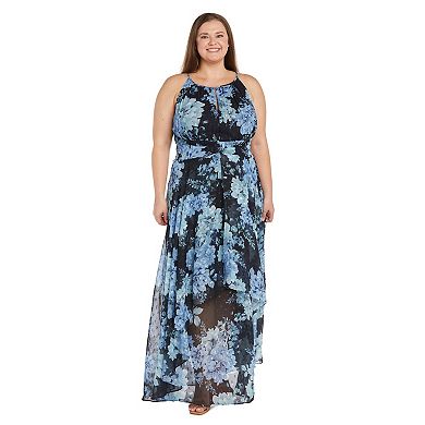 Plus Size R&M Richards Long Halter Floral Printed Chiffon Dress