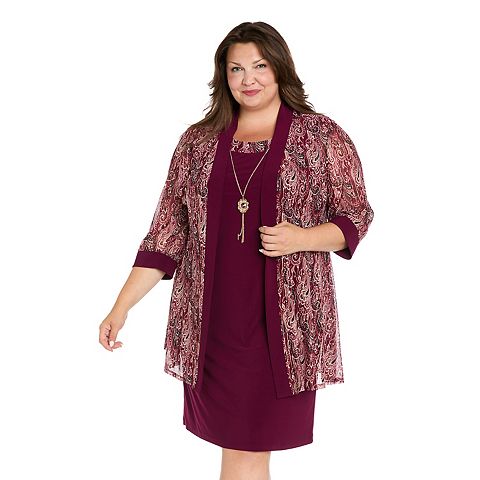 Женские платья R&M Plus Size R&M Richards Metallic Thread Printed Mesh Jacket & Dress Set