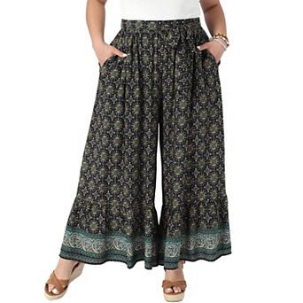 Women's Plus Size Wide Leg Pants Belted Boho Print Palazzo Pants Flowy Beach Trousers with Pocket