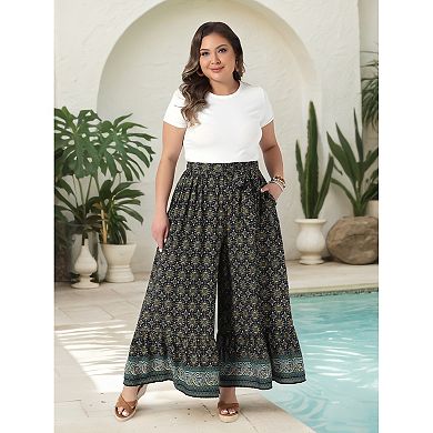 Women's Plus Size Wide Leg Pants Belted Boho Print Palazzo Pants Flowy Beach Trousers with Pocket
