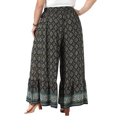 Women's Plus Size Wide Leg Pants Belted Boho Print Palazzo Pants Flowy Beach Trousers with Pocket