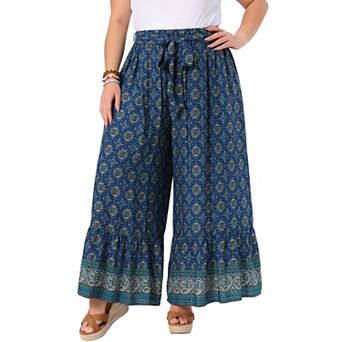 Women's Plus Size Wide Leg Pants Belted Boho Print Palazzo Pants Flowy Beach Trousers with Pocket