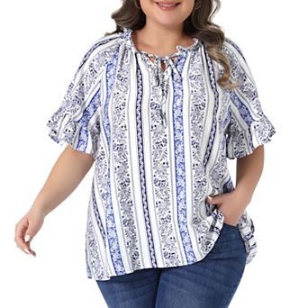 Women's Plus Size Top V Neck Short Sleeve Floral Print Summer Shirt Loose Fit Blouses