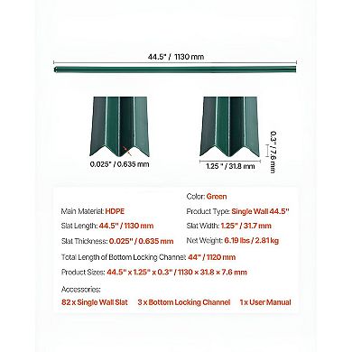 Green Chain Link Fence Privacy Slats, Single-Wall 44.5" with Bottom Channels for 4 ft Fences