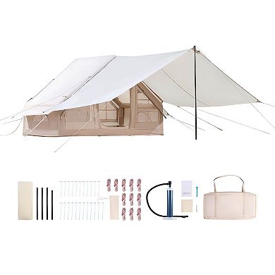 Inflatable Family Camping Tent for 35 People with Canopy and Air Column Support - Beige