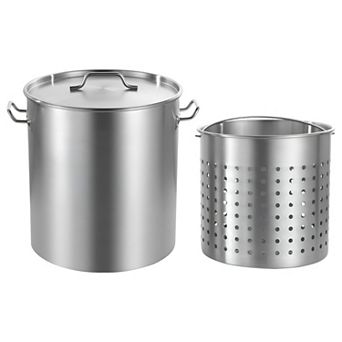 Extra Large 64-qt Stainless Steel Stock Pot with Basket for Outdoor Cooking and Events - Silver