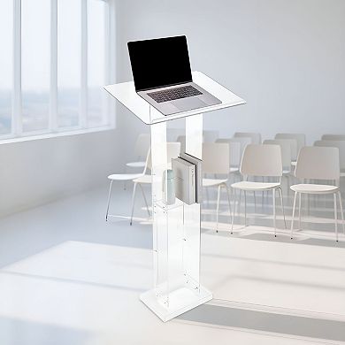Transparent Acrylic Podium Stand with Open Shelf for Classrooms, Offices, and Events