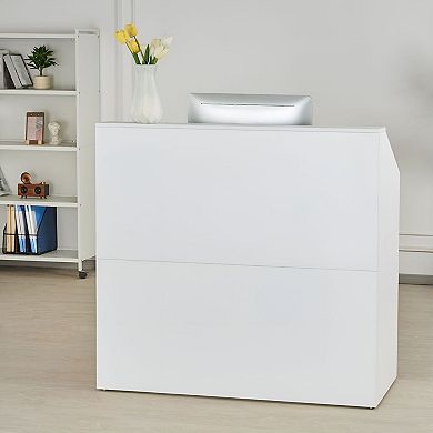 White Reception Counter Desk for Front Office Retail Checkout Station and Service Desk Setup