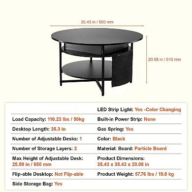 Coffee Table with Adjustable Top, Hidden Storage, and Side Organizers