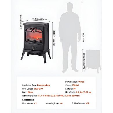 Freestanding Infrared Electric Fireplace with Independent Flame and Heat Modes - Black