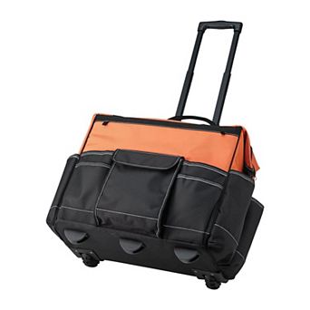 Portable Rolling Tool Bag with Aluminum Handle and 27 Storage Pockets - Black and Orange