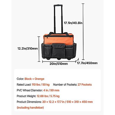 Portable Rolling Tool Bag with Aluminum Handle and 27 Storage Pockets - Black and Orange