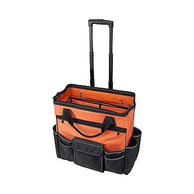 Portable Rolling Tool Bag with Aluminum Handle and 27 Storage Pockets - Black and Orange