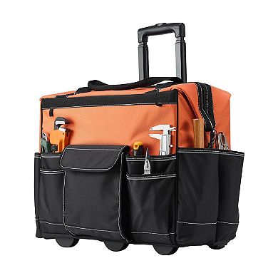 Portable Rolling Tool Bag with Aluminum Handle and 27 Storage Pockets - Black and Orange
