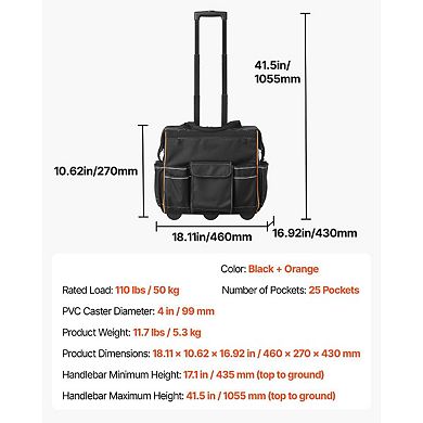 Heavy-Duty Rolling Tool Bag 18.1 x 10.6 x 16.9 in 110 lb Capacity with 4-Inch Tank Wheels - Black