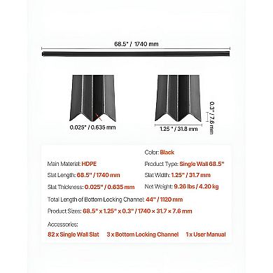 Single-Wall HDPE Privacy Slats for 6’ Chain Link Fences 68.5" Black Panels with Locking Channels